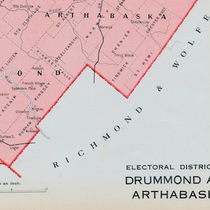 Carte ancienne de Drummond et de l'Arthabaska, Québec, Canada - Carte électorale vintage de 1915 - Série It's Where You Live - LDN
