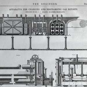 May include: A black and white illustration of a gas retort charging and discharging apparatus. The apparatus is designed by Mr. J. J. Holden, Engineer, Mark-Lane. The illustration shows a side view of the apparatus, with a cart on the left and a retort on the right. The cart is used to charge the retort with coal, and the retort is used to heat the coal and produce gas. The illustration also shows a close-up view of the mechanism that is used to charge and discharge the retort.