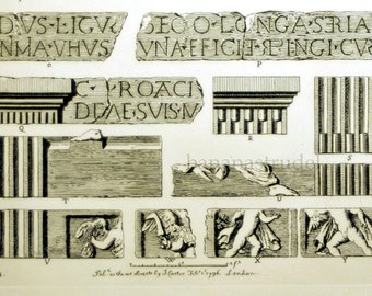 1845 Rare Large English Antique Engraving of British Architectural Gems. Relics of the Roman Era in Ancient Britain. Plate 7