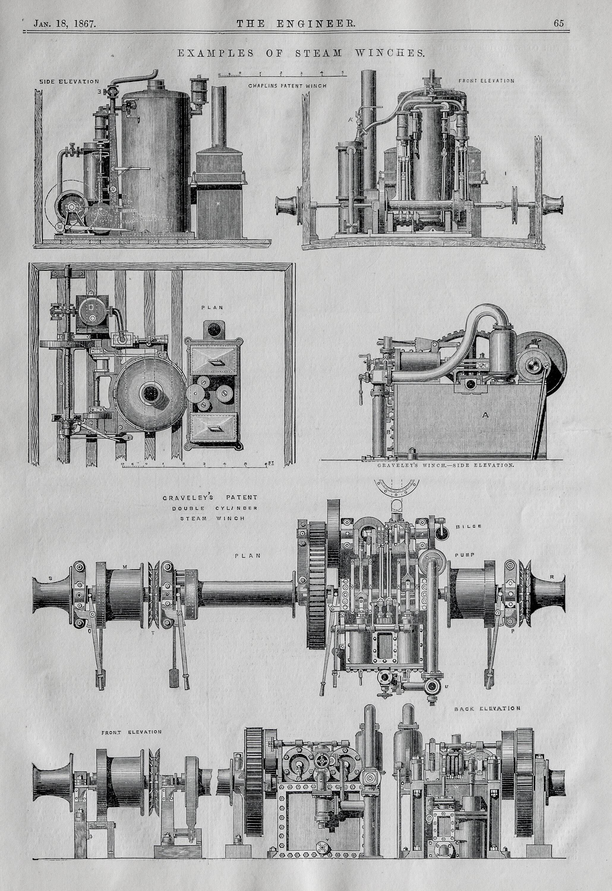 1867 Antique Print of Steam Winches - Victoria-era Engineering