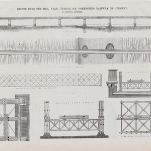 1867 Antique Print of the Bridge over the Iser, Near Turnau - Technical Drawing from The Engineer - Engineering Drawing - April 12, 1867