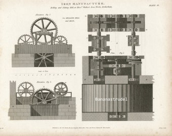 1812 Rare Antique Copper-engraved Plate of Iron Manufacture - Rolling and Slitting Mill in Rotherham