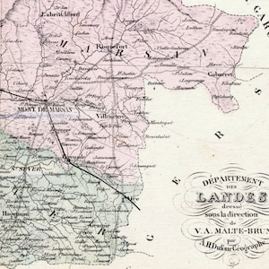 Ancienne carte des Landes, France - avec insert représentant Mont de Marsan - coloriée à la main - carte vintage française des années 1800