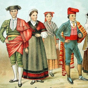1895 Antique Print of Traditional Folk Costumes No. 2 - Germany - Austria - France - Spain - Italy - Albania - Greece