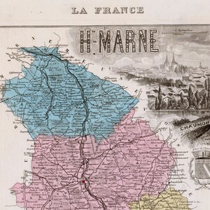 1883 Vintage Karte von Haute-Marne, Frankreich - Chaumont - Handkoloriert