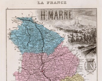 1883 Vintage Map of the Haute-Marne Departement, France - Chaumont - Handcolored