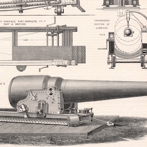 May include: A black cannon on a wooden platform with a metal carriage. The cannon is mounted on a wooden platform with a metal carriage. The cannon is pointed to the right. The cannon is labeled "FIC 9".