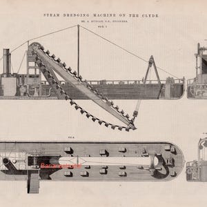 May include: A black and white illustration of a steam dredging machine on the Clyde, designed by Mr. A. Duncan, C.E. Engineer. The illustration shows a side view of the machine, with a large wheel and a long arm extending from the side. The illustration also shows a top view of the machine, with the wheel and arm in a different position. The text "THE ENGINEER" is printed in the bottom right corner of the image.
