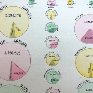 May include: A chart with pie graphs showing population data for various states in the United States. The states included are Missouri, Ohio, Illinois, District of Columbia, South Dakota, Rhode Island, New Hampshire, Colorado, Texas, Michigan, Kentucky.