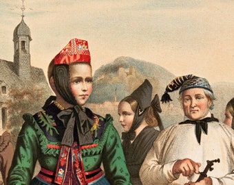 1870s Large Antique Print of Historical Fashion / Dresses / German Traditional Costumes – Chur-Hessen - Marburg - Chromolithograph No. 34