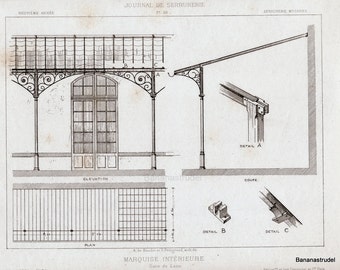 1880 French Antique Engraving of Decorative and Architectural Metalwork. Cast-iron Decor of an Awning. Plate 28