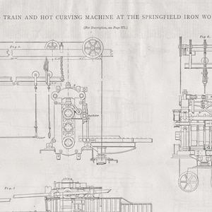 May include: A black and white line drawing of a blooming train and hot curving machine at the Springfield Iron Works, U.S.A. The drawing shows the machine in detail, with labels for each part. The text "For Description, see Page 371" is included in the image.