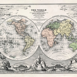 Carte du monde antique - Hémisphères - Carte de 1880 coloriée à la main - Colorée à la main