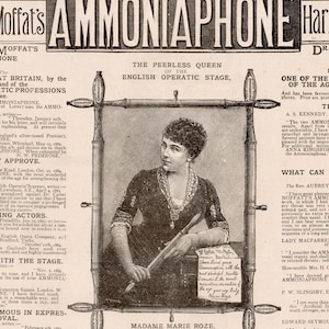 Die unvergleichliche Königin der englischen Opernszene - 1885 Antike Werbung für das Ammoniaphone - viktorianische Anzeige - Quacksalberei