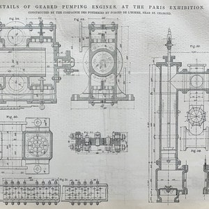 1878 Antique Print of Geared Pumping Engines - Victorian Technical Illustration - October 25, 1878