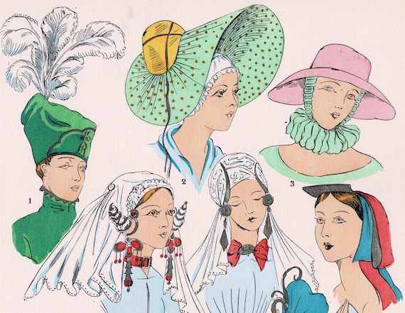 1925年 フランス アールデコ 手彩色 ポショワール版画 女性用帽子