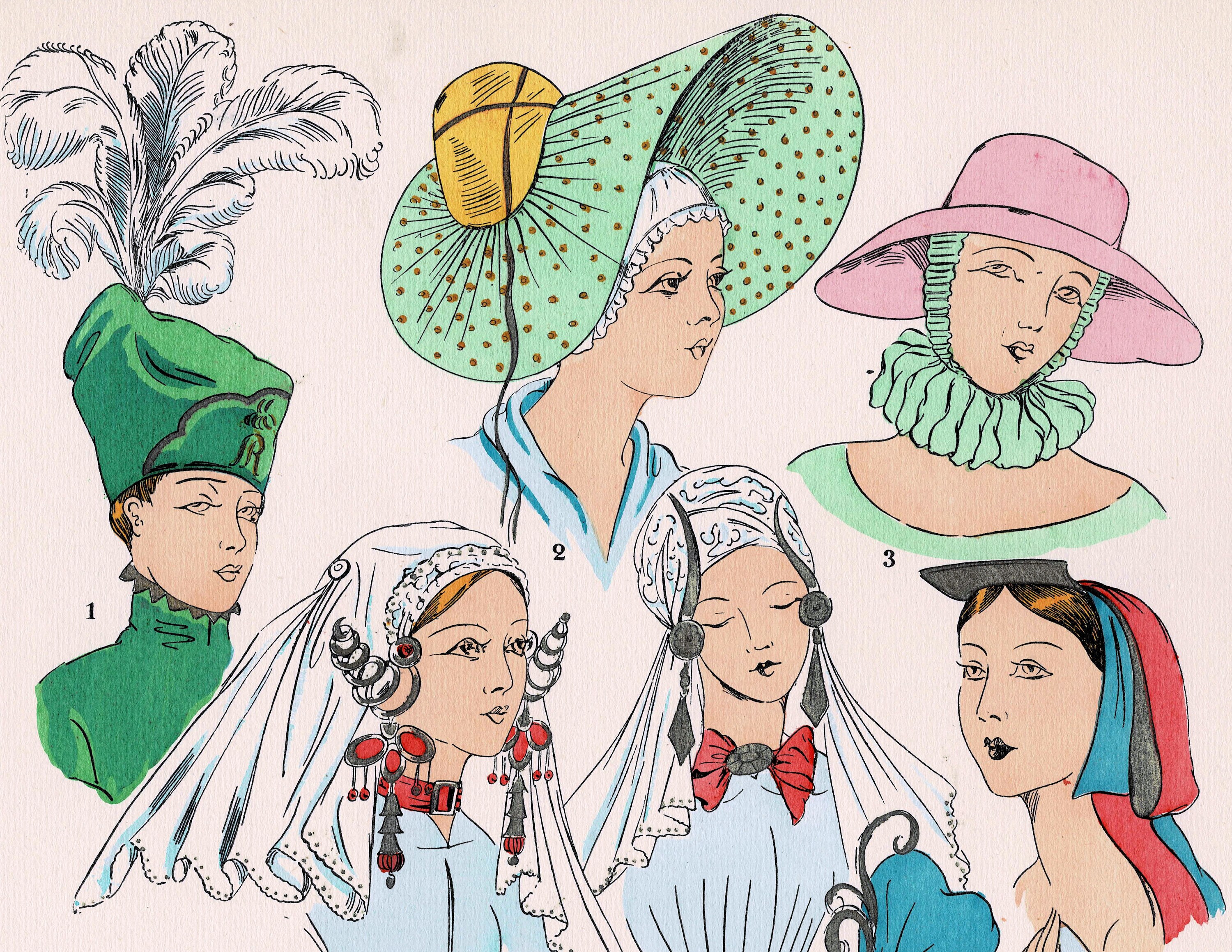 1925年 フランス アールデコ 手彩色 ポショワール版画 女性用帽子