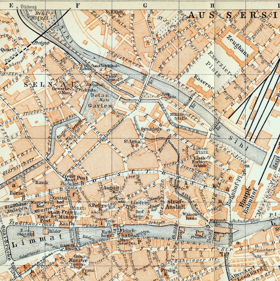 1897年製チューリッヒ（スイス）のアンティーク地図 - ヴィンテージ
