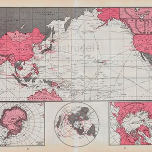 Îles de l'océan Pacifique - Régions arctiques - Antarctique - RARE grande carte vintage de 1959