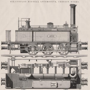 May include: A black and white illustration of a six-coupled mineral locomotive, labeled "Autun", with a cutaway view of the engine's internal workings. The locomotive is designed for hauling heavy loads, such as minerals, and features a large boiler and a powerful engine.