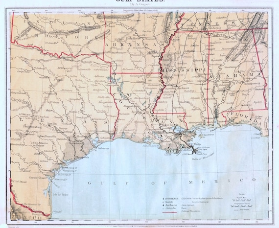 1866年版 アメリカ合衆国湾岸諸州のアンティーク地図 - アメリカ合衆国