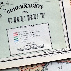 Rare grande carte vintage de 1938 en édition limitée de Gobernacion del Chubut, Argentine