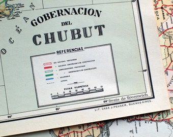 1938 Rzadka duża edycja limitowana Vintage mapa Gobernacion del Chubut w Argentynie