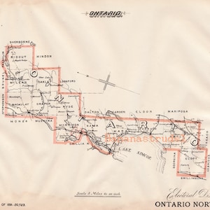 May include: Vintage map of Ontario North, Canada, from the 1891 census. The map, with a scale of 8 miles to an inch, features the Electoral District with names of towns and geographical features. The map is printed on aged paper.