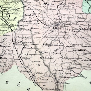 1800er Antike Karte von Haute-Loire, Frankreich - Inset von Le Puy - Handkolorierte französische Karte