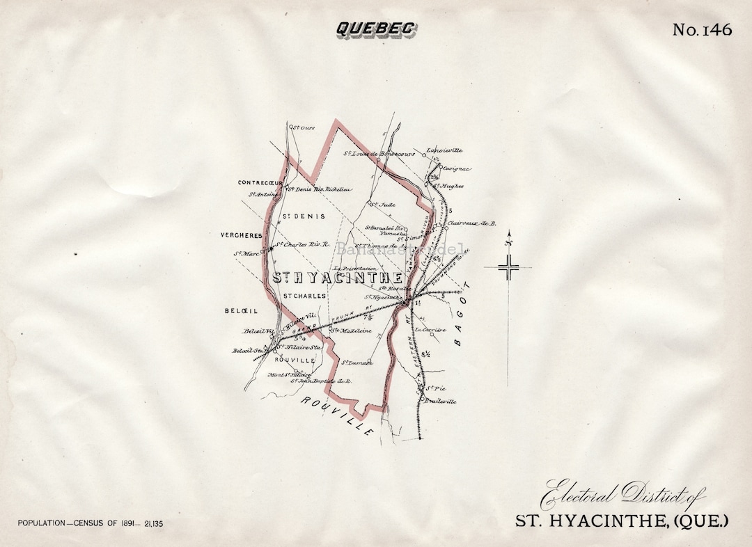 Antique Map of St. Hyacinthe, Quebec Published 1895 Vintage Electoral
