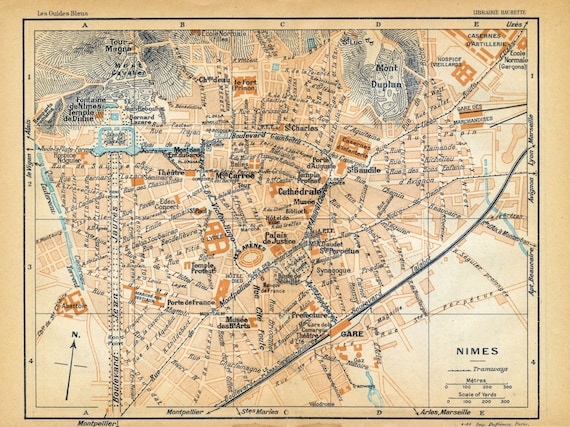 Vintage Map of Nimes, France - 1926 Antique City Map - Old City