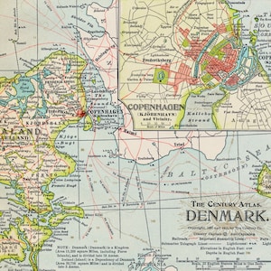 Carte ancienne du Danemark et de l'Islande - Carte de l'atlas du siècle 1911 - Îles Féroé - Copenhague