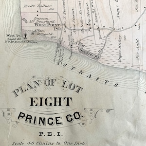 Grande carte vintage rare de 1880 du lot 8, comté de Prince, Île-du-Prince-Édouard - Phare de West Point - Wolf Inlet - Pierre Jacques