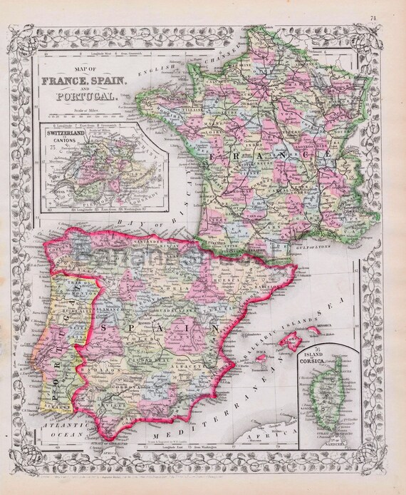 1867年製、アンティークの手彩色ミッチェル地図（フランス、スペイン
