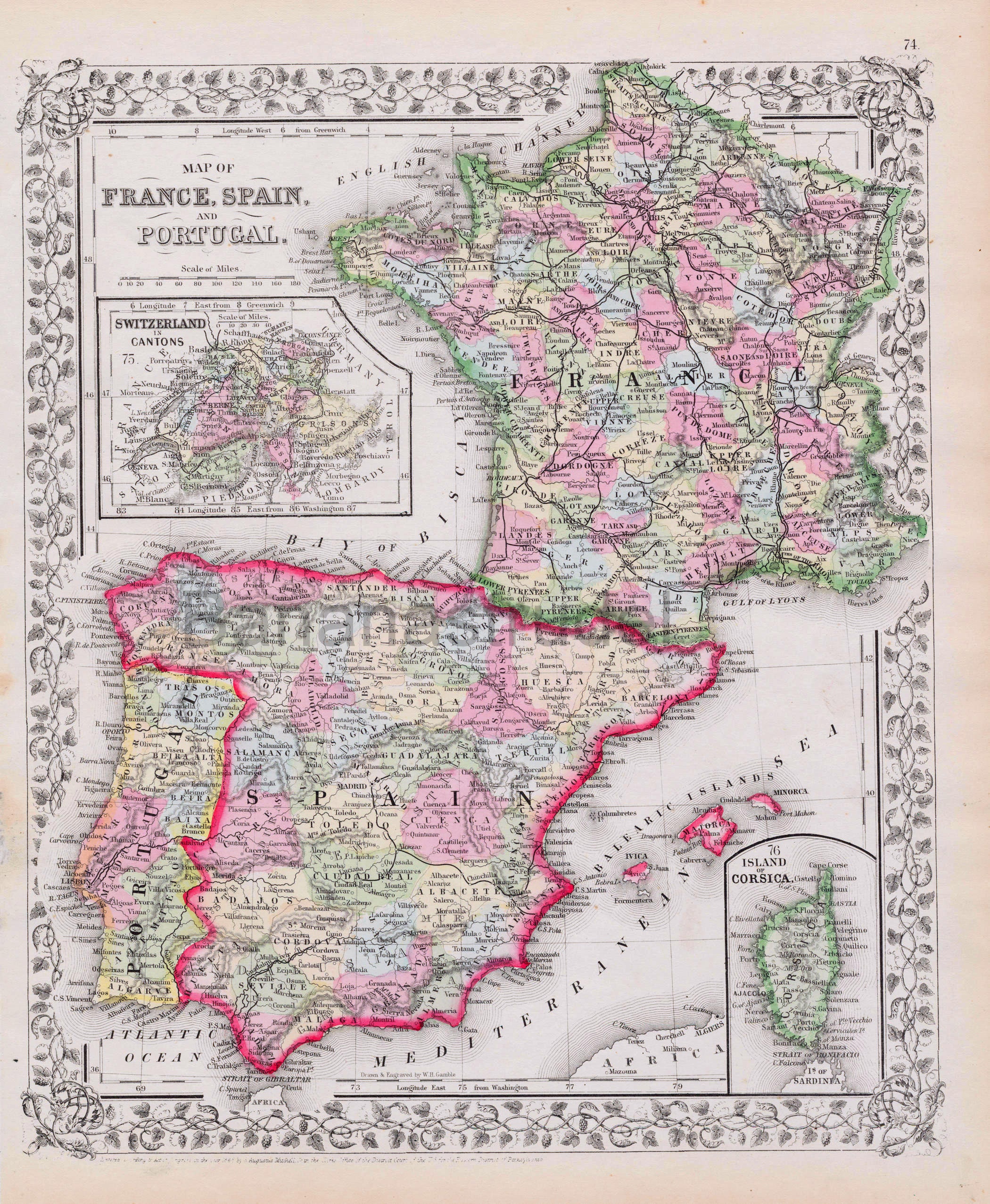 1867年製、アンティークの手彩色ミッチェル地図（フランス、スペイン