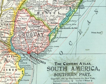 1902 Century Atlas Antique Map of South America, Southern Part