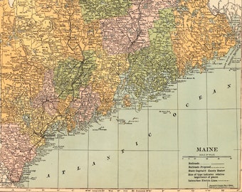 1919 Large Antique Map of Maine