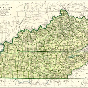 1940s Vintage Map of Kentucky and Tennessee - Blue and Emerald Green Map