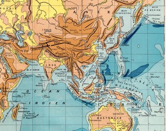 アンティーク世界地図 - 1923年版大型地形図 - 気候 - 植生 - 海流