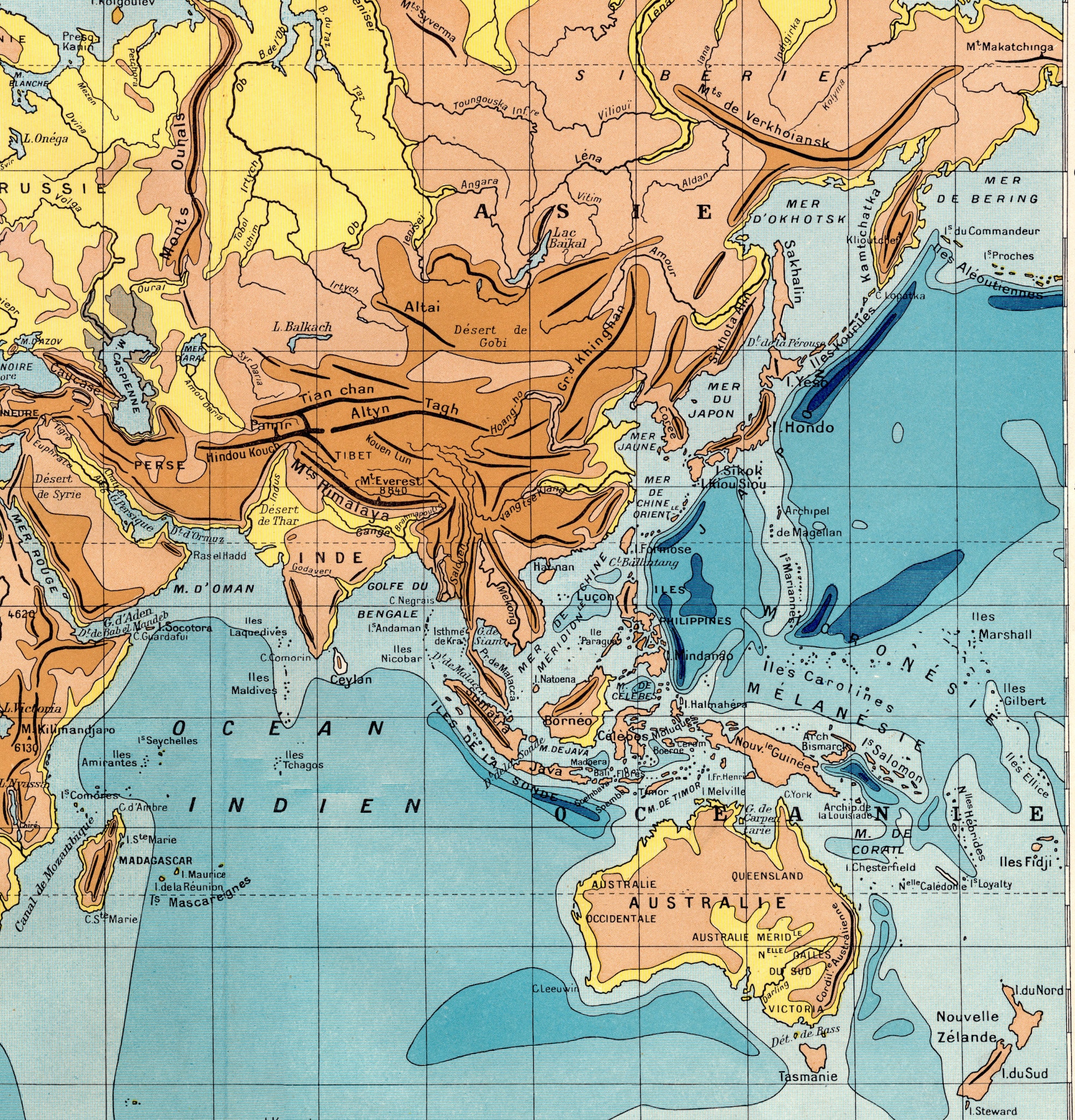 アンティーク世界地図 - 1923年版大型地形図 - 気候 - 植生 - 海流