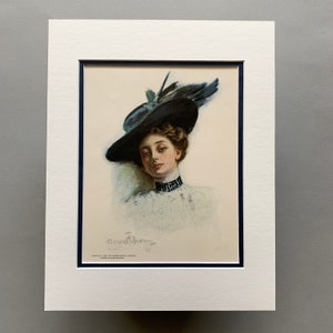 1908 Antique First Edition Lithograph of American Sweethearts  by Clarence F. Underwood - Lady with the Blue Choker - Double-Matted 11x14