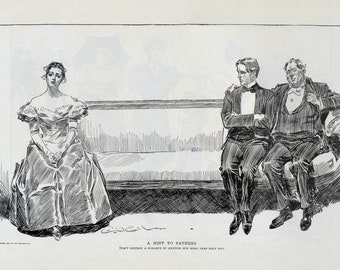 1906 Antique Gibson Girl Print - A Hint to Fathers - Meddling Fathers - Humorous 1906 Antique Charles Dana Gibson Print