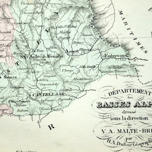 1800er Antike Karte von Basses Alpes, Frankreich - Inset von Carcassonne - Handkoloriert - Antike Karte von Basses Alpes