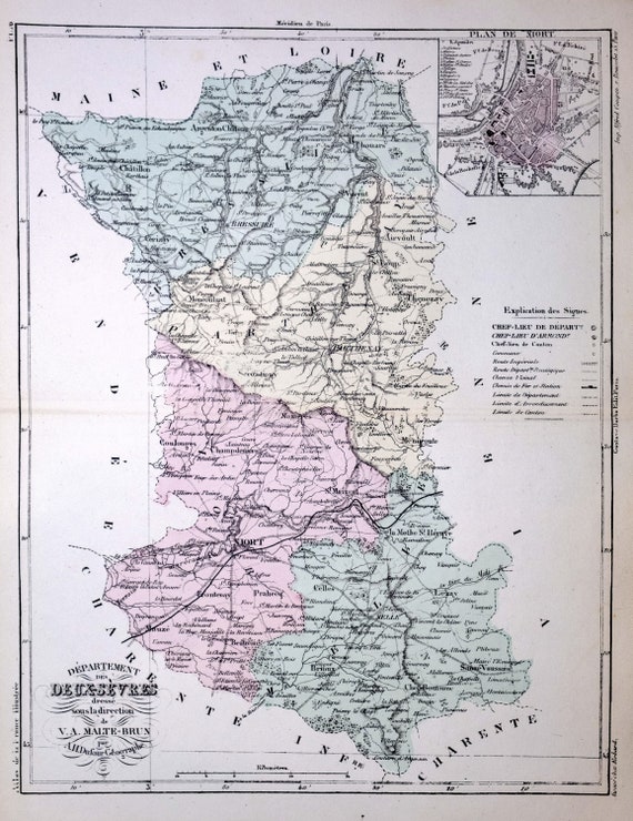 1800 年代のフランス、ドゥー・セーヴルのアンティーク マップ