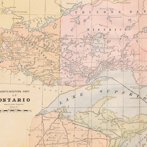 Antike Karte von Nordwesten von Ontario, Kanada - Große doppelseitige Vintage Karte aus dem Jahr 1888 - Thunder Bay - Algoma - Nipissing - Rainy River