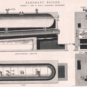 May include: A black and white illustration of an Elephant Boiler, a type of steam boiler, with a longitudinal section, a plan view, and front and back end views. The illustration includes the text "ELEPHANT BOILER" and "MESSRS J. AND E HALL, DARTFORD, ENGINEERS".