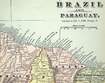 1901 Large Antique Map of Brazil and Paraguay