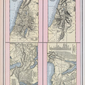 Antike Landkarten der Bibel - Acht Mini-Landkarten auf einem Blatt - Erschienen 1888 - Altes Testament - Kanaan - Israel - Ägypten - Judäa - David und Solomon