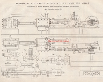 Antique Print of a Compound Condensing Engine - 1878 Engineering Drawing - December 6, 1878