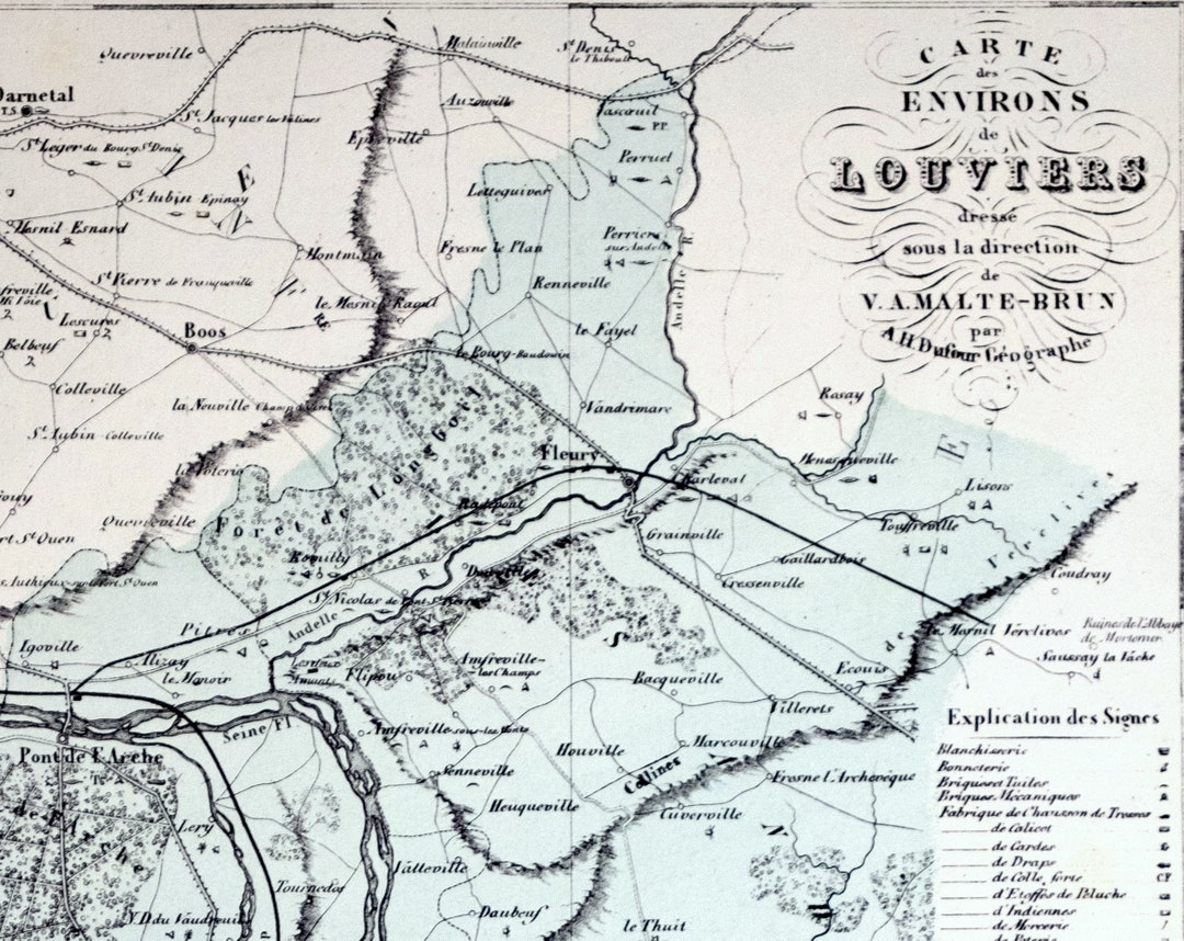 1800s French Antique Map of Louviers and Vicinity, France Handcoloured